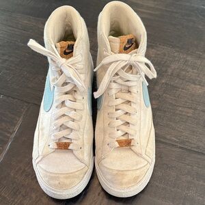 Nike Kids Beige Canvas Sneakers with Light Blue Swoosh